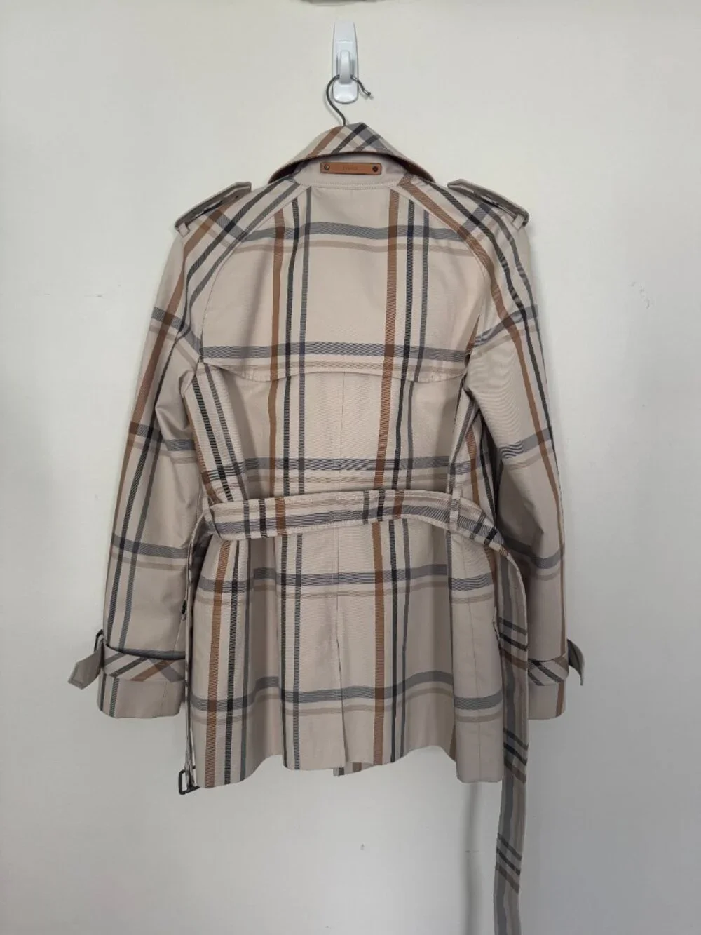 Coach New York tattersall beige plaid trench coat work business light academia
